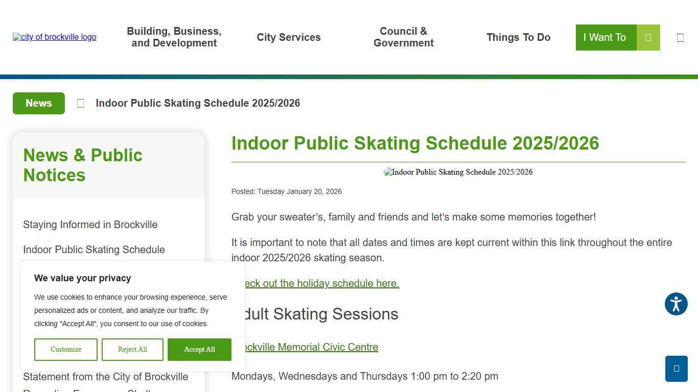 Indoor Public Skating Schedule 2025/2026 – City of Brockville